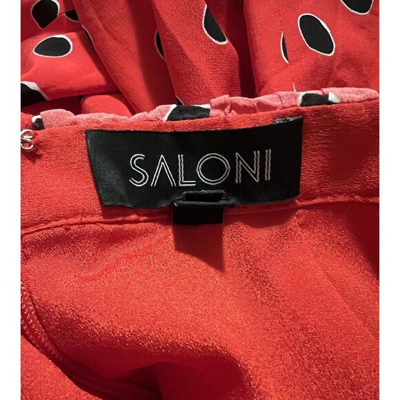 Saloni Grace Midi Dress Size 2 Red Black Polka Dot Silk Off Shoulder Puff Sleeve - Picture 14 of 16